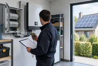 Inspecteur vérifiant un coffret électrique et un onduleur d’une installation photovoltaïque résidentielle, avec des panneaux solaires visibles à l’extérieur.