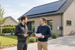 Propriétaire et technicien échangent devant une maison belge équipée de panneaux photovoltaïques, avec une tablette et des documents administratifs.