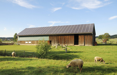 Installation agricole avec des panneaux solaires posés sur le toit.